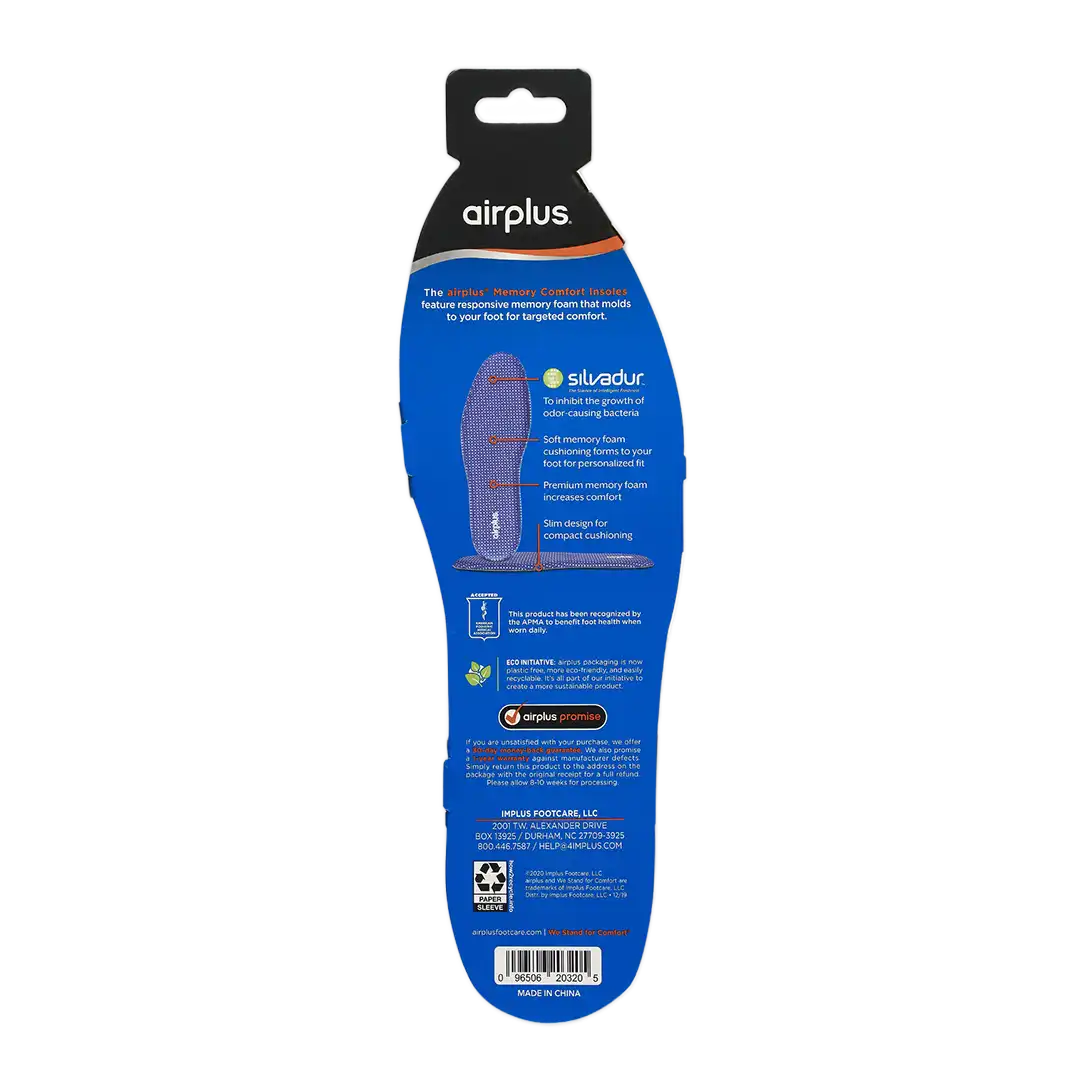 Airplus Memory Plus Comfort Insole Anti-Fatigue Foam Cushion Men's, Size 7-13
