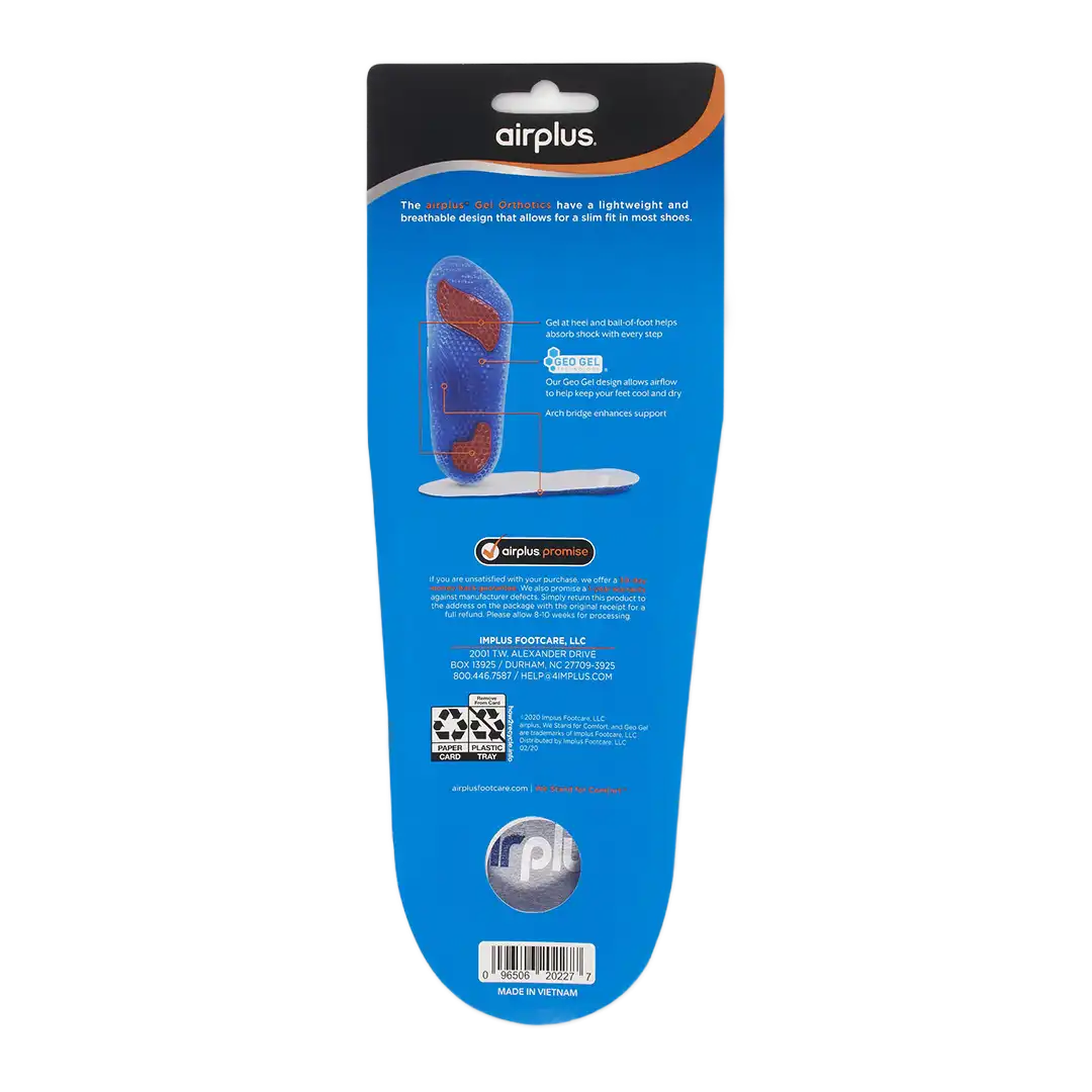 Airplus Gel Orthotic Insole3 Arch/Heel Support Men, Size 7-13