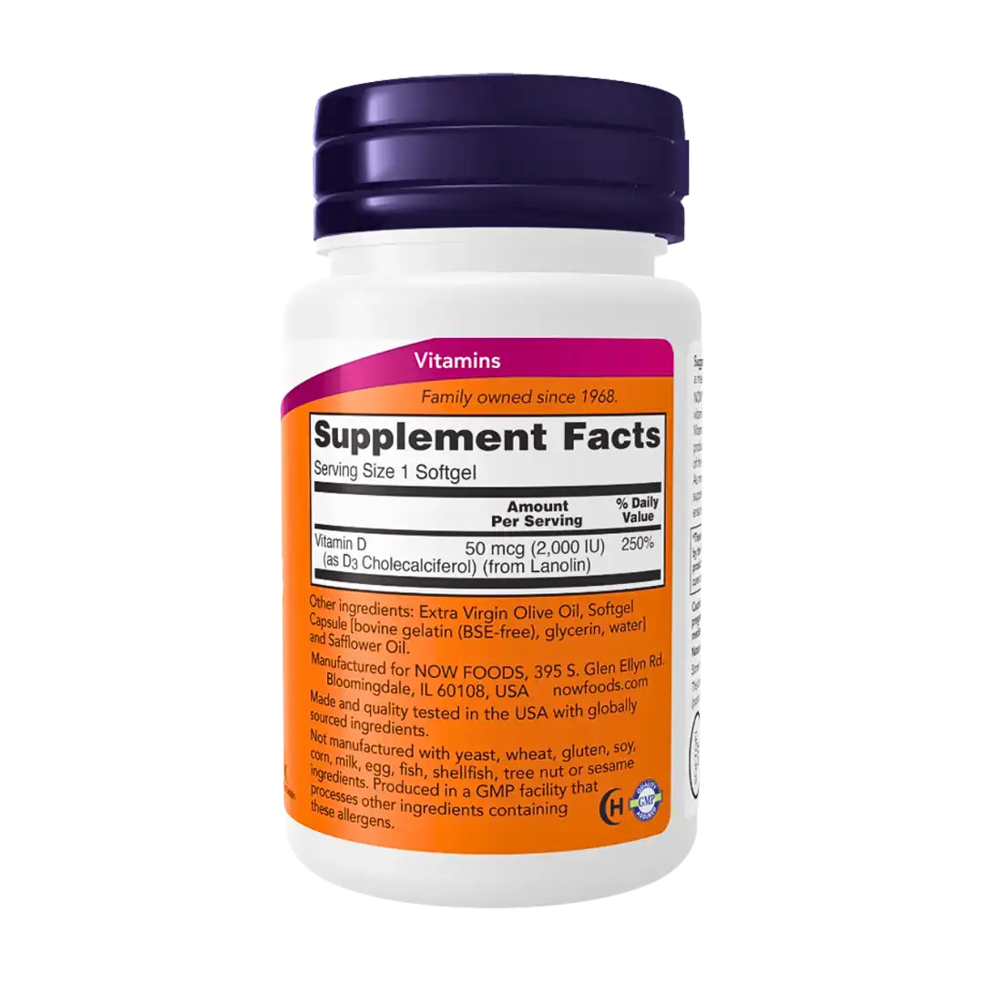 NOW Foods Vitamin D-3 2000 IU Softgels, 120's