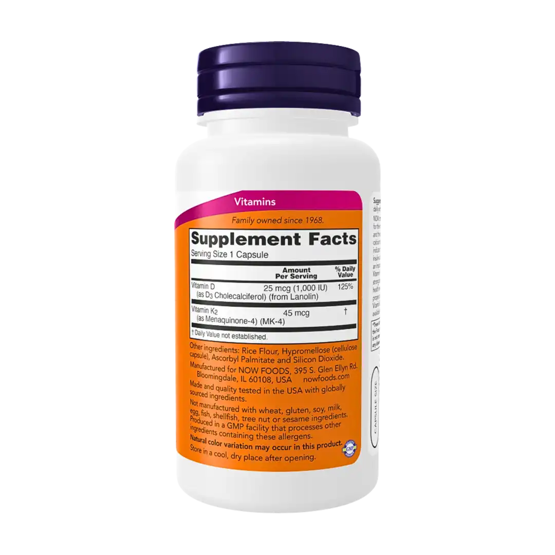 NOW Foods Vitamin D3 & K2 Vegetarian Capsules, 120's