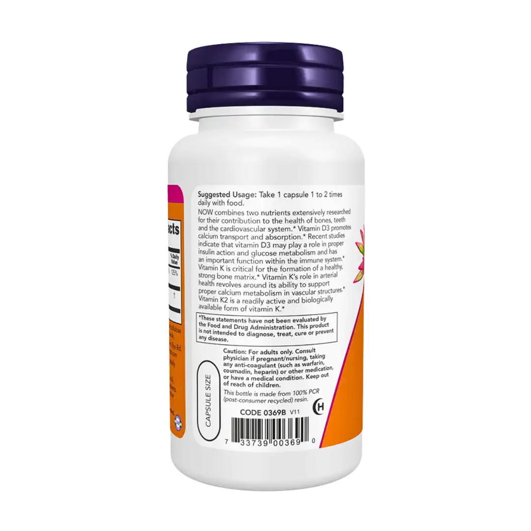 NOW Foods Vitamin D3 & K2 Vegetarian Capsules, 120's