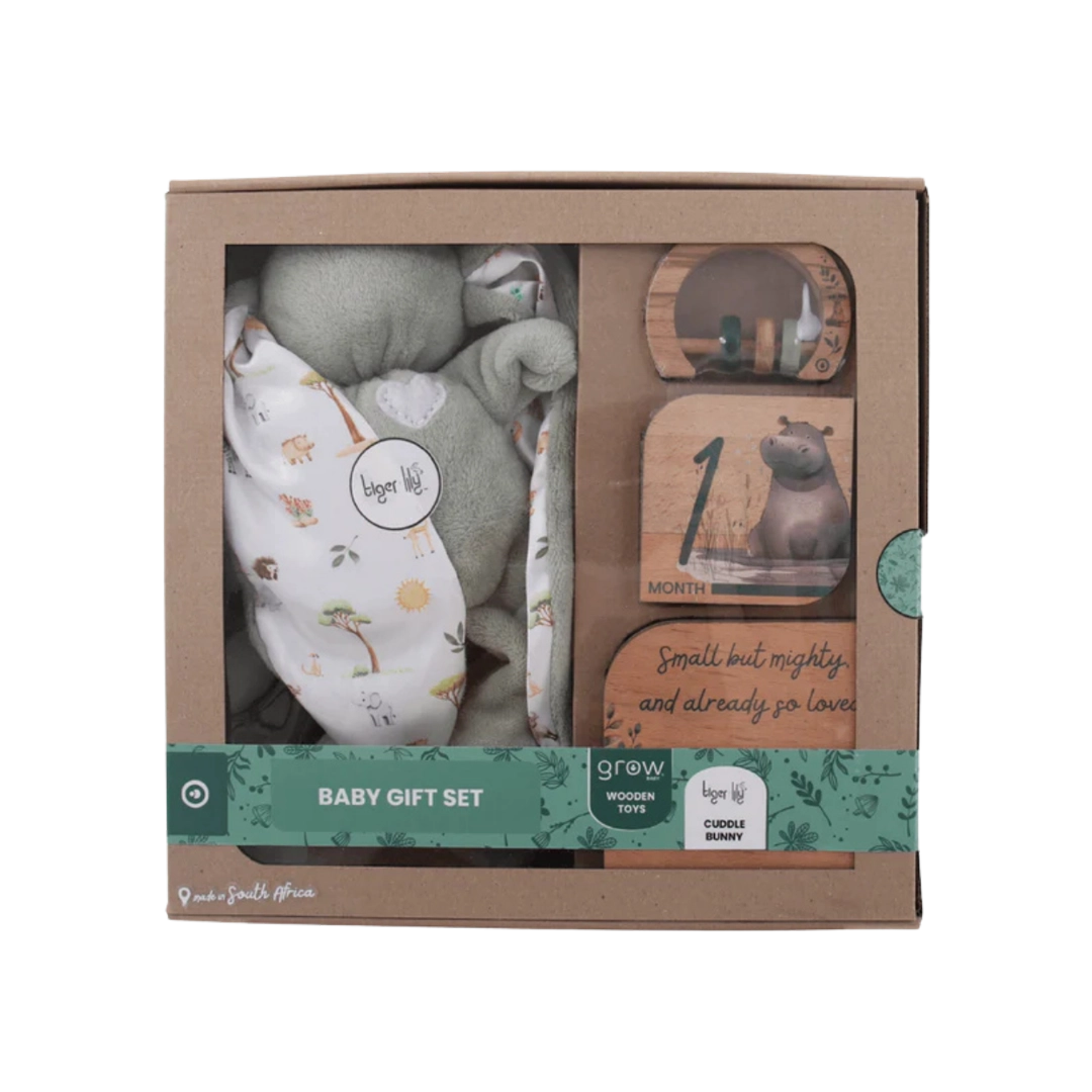 Grow Baby Gift Set Tiger Lily Bunny, Milestone Disks & Rattle On Safari