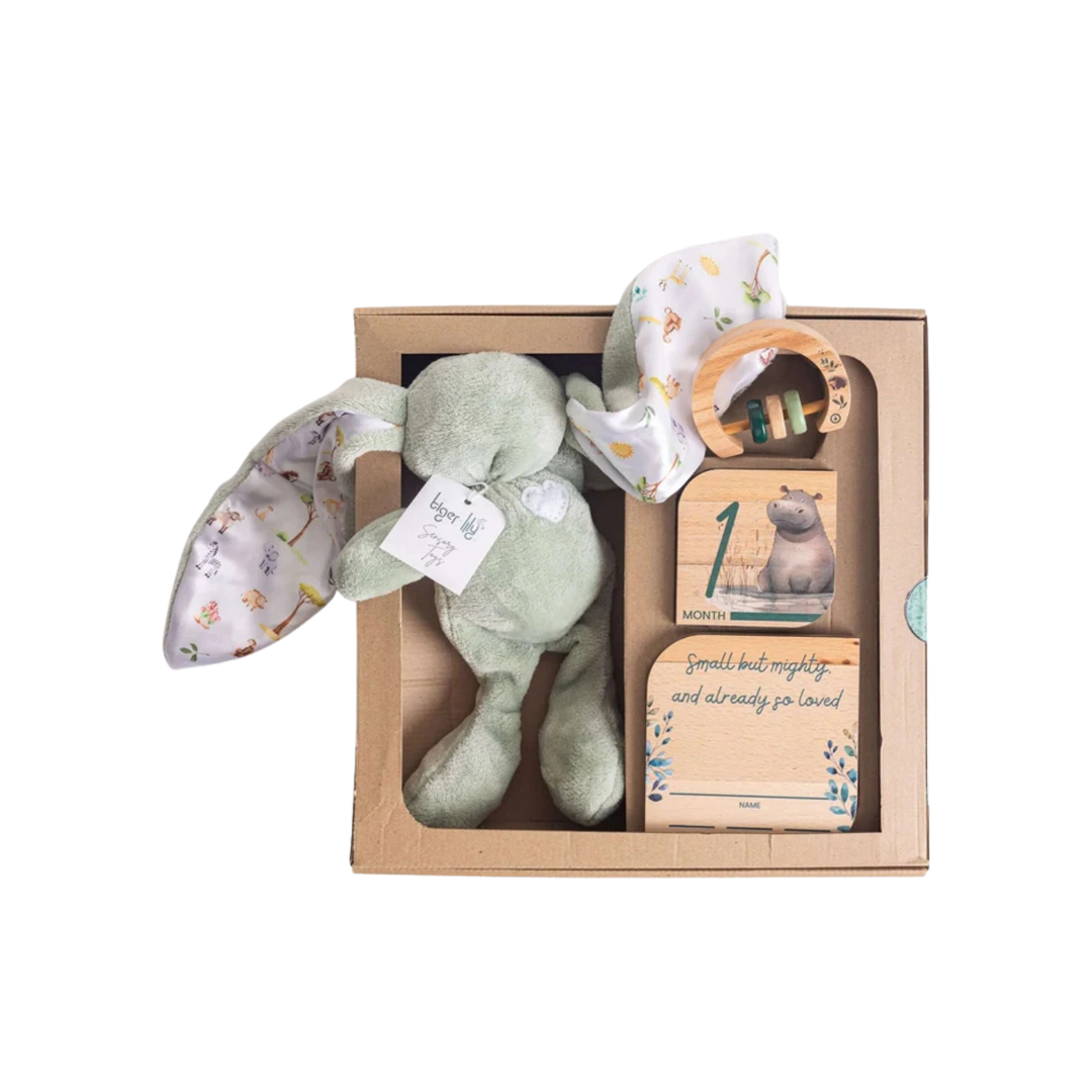 Grow Baby Gift Set Tiger Lily Bunny, Milestone Disks & Rattle On Safari