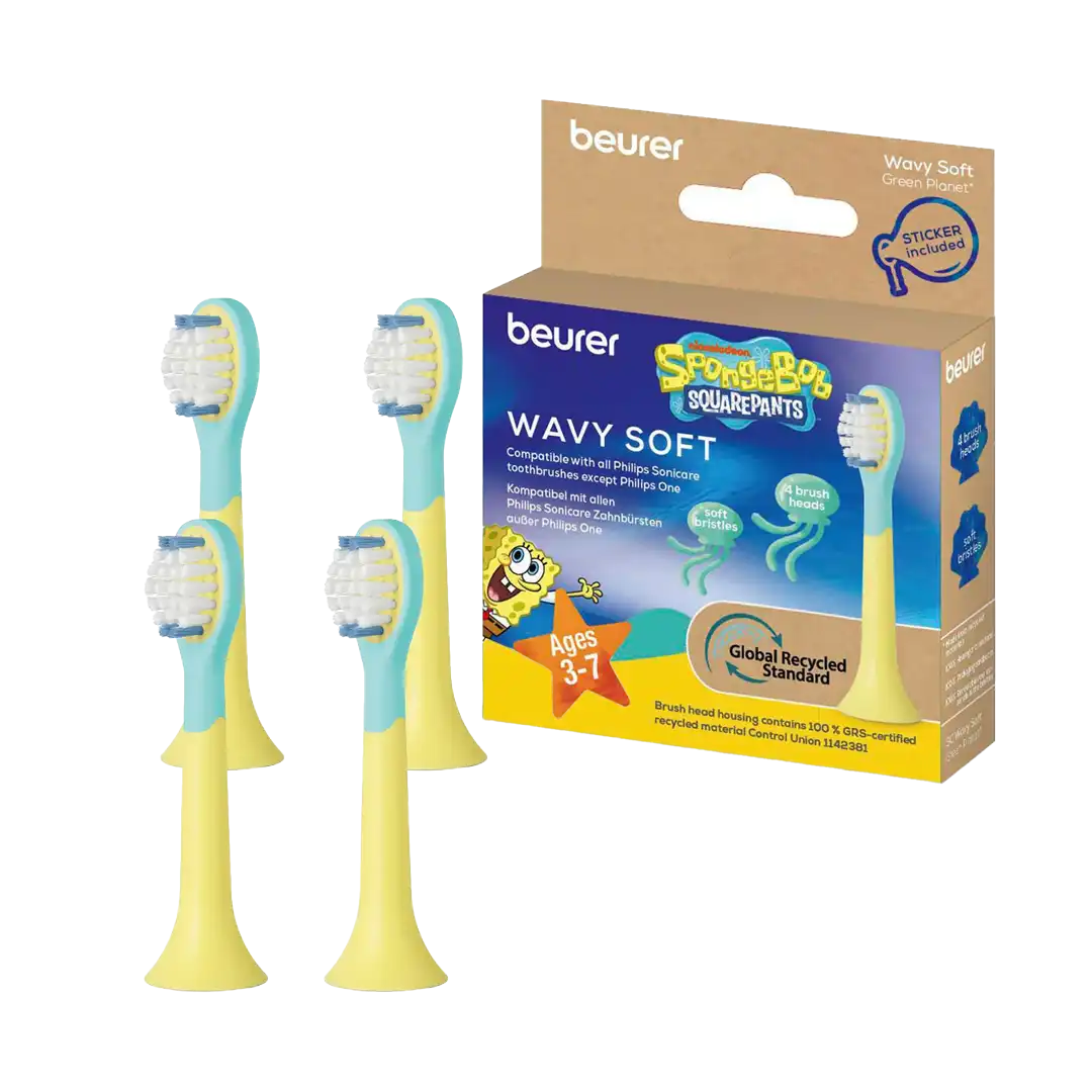 Beurer Germany SpongeBob Wavy Soft Sonic Toothbrush Heads | 4 Pack | Ages 3 and Up