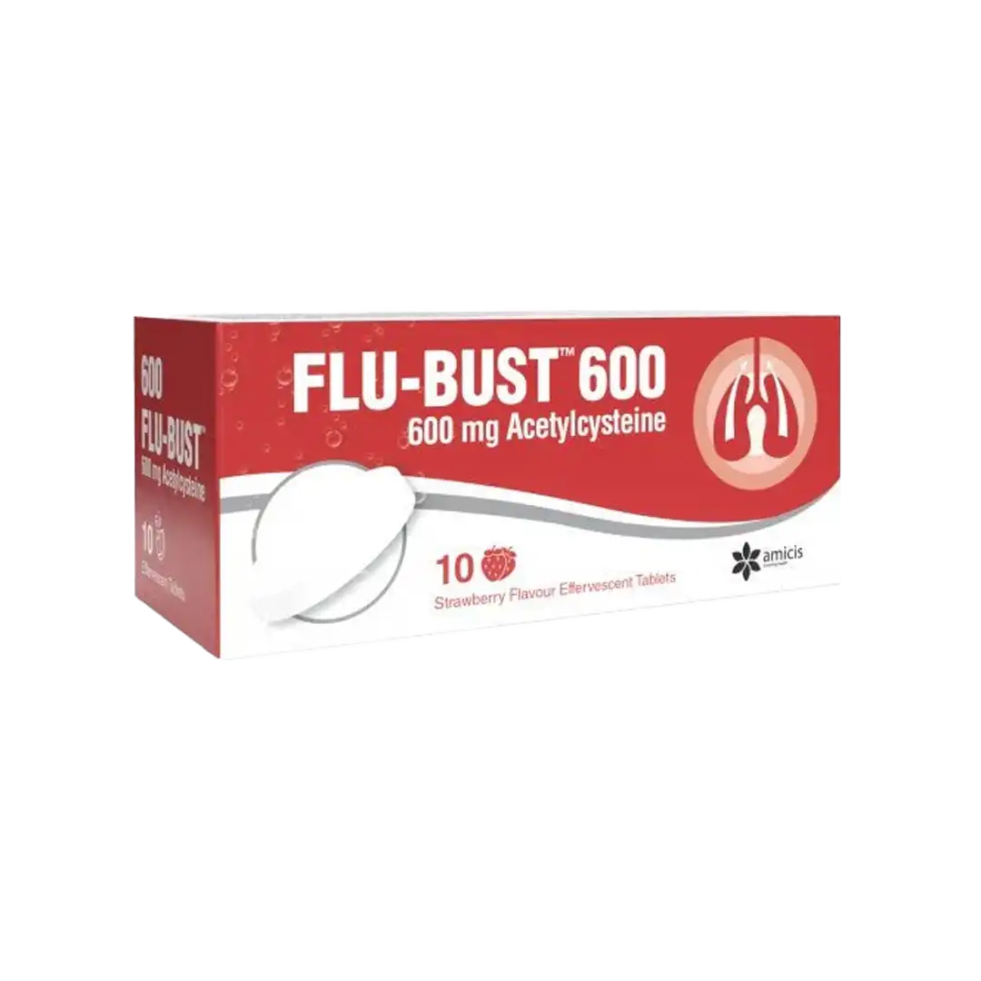 Flu-Bust 600mg Acetylcysteine Strawberry Effervescent, 10's
