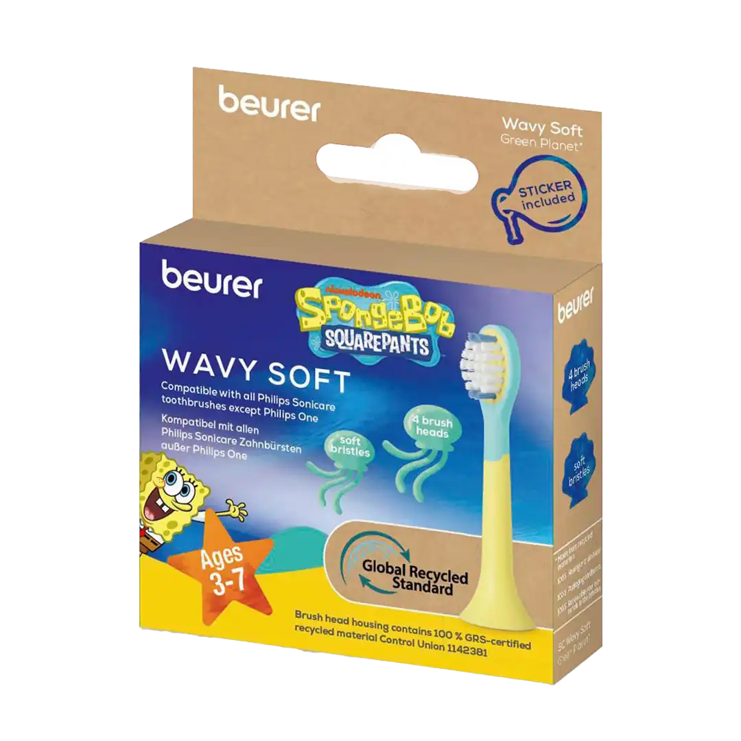 Beurer Germany SpongeBob Wavy Soft Sonic Toothbrush Heads | 4 Pack | Ages 3 and Up