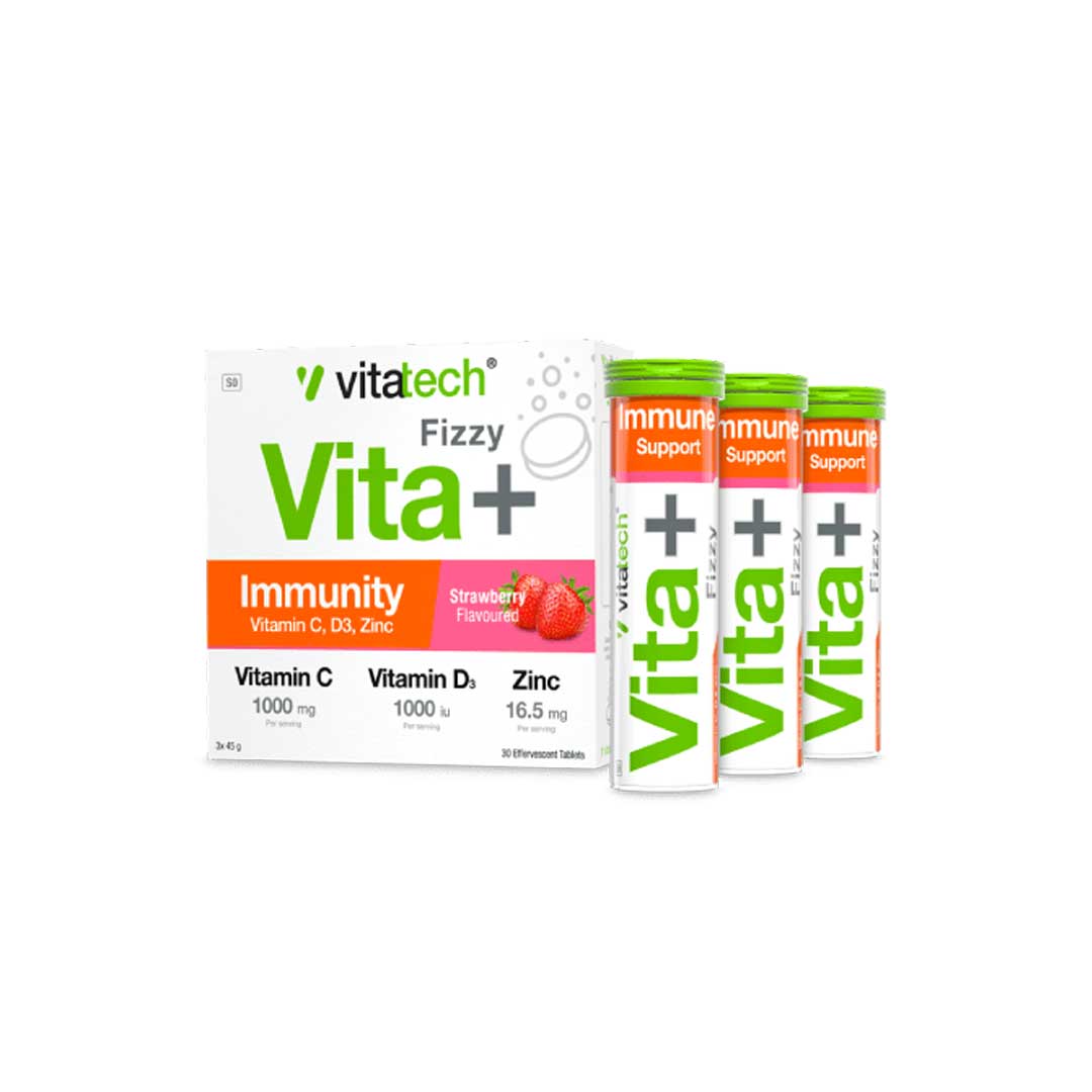 Vitatech Vita+ Immunity Vitamin C D3 & Zinc Strawberry Effervescent, 3 Pack x 10's
