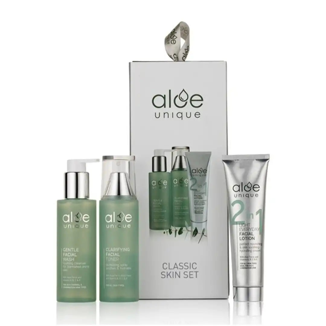 Aloe Unique Classic Skin Set: Gentle Face Wash 150ml + Clarifying Facial Toner 150ml + 2-in-1 Light Everyday Facial Lotion 100ml