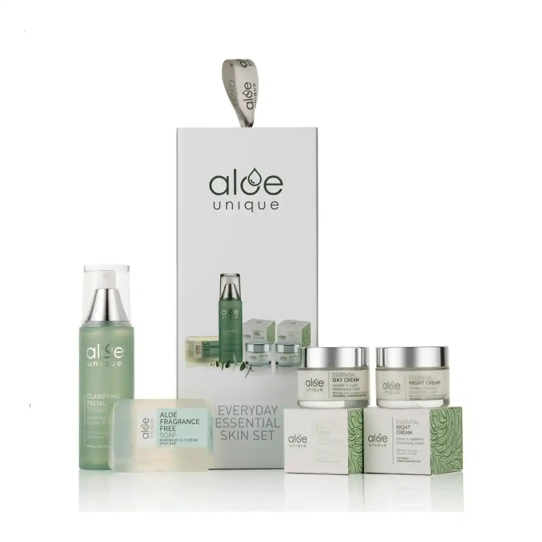Aloe Unique Evefryday Essential Skin Set: Fragrance-Free Aloe Soap Bar 100g + Clarifying Facial Toner 150ml + Essential Day Cream 50ml + Essential Night Cream 50ml